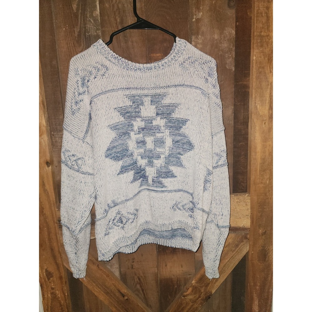 womens vintage 80's pullover sweaters Size Medium By Pasta Gray And Blue Aztec